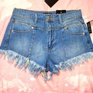 New Fashion Nova 5‎ Fray Hem Denim Shorts Light Blue Wash Fringe Yoke Jean